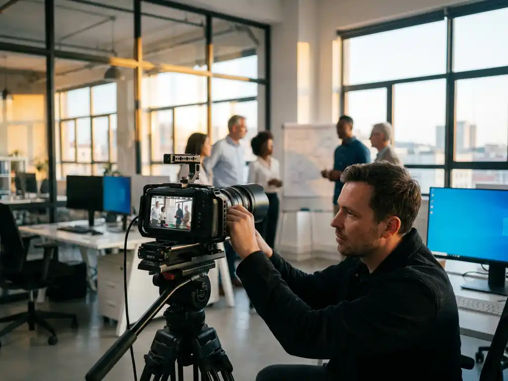 Filmmaker past zwarte filmcamera aan op statief, richt op diverse werknemers in modern kantoor met gouden zonlicht