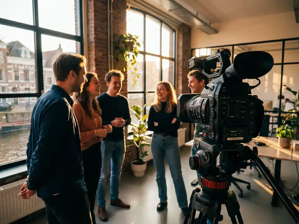 Professionele videocamera op statief filmt lachende diverse medewerkers in modern Utrecht kantoor met gouden uurtje verlichting