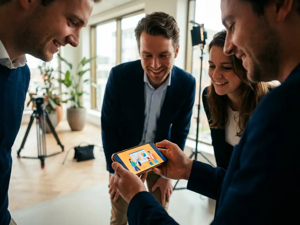 Smartphone toont bedrijfsvideo terwijl collega's samenkomen om te kijken in modern Utrecht kantoor met filmapparatuur