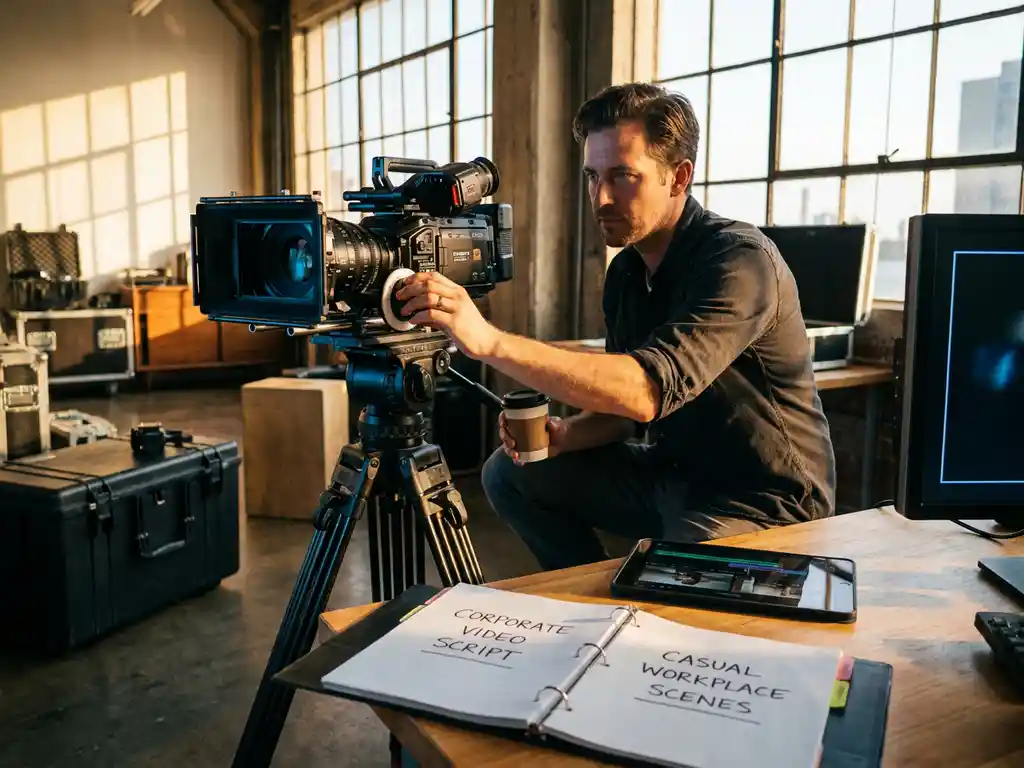 Filmmaker past zwarte camera op statief aan terwijl hij twee videoscripts bekijkt op moderne bewerkingstafel in goudkleurig studiolicht
