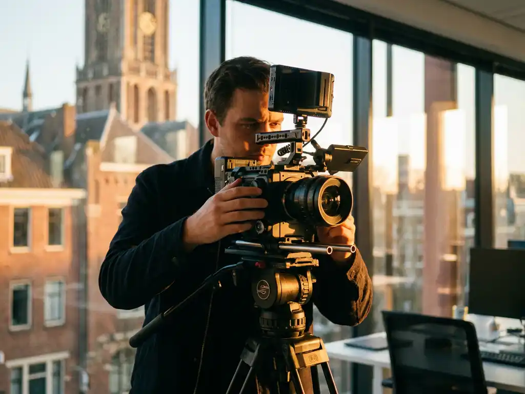 Professionele filmmaker stelt zwarte bioscoopcamera op statief af bij gouden uur zonlicht door kantoorvenster