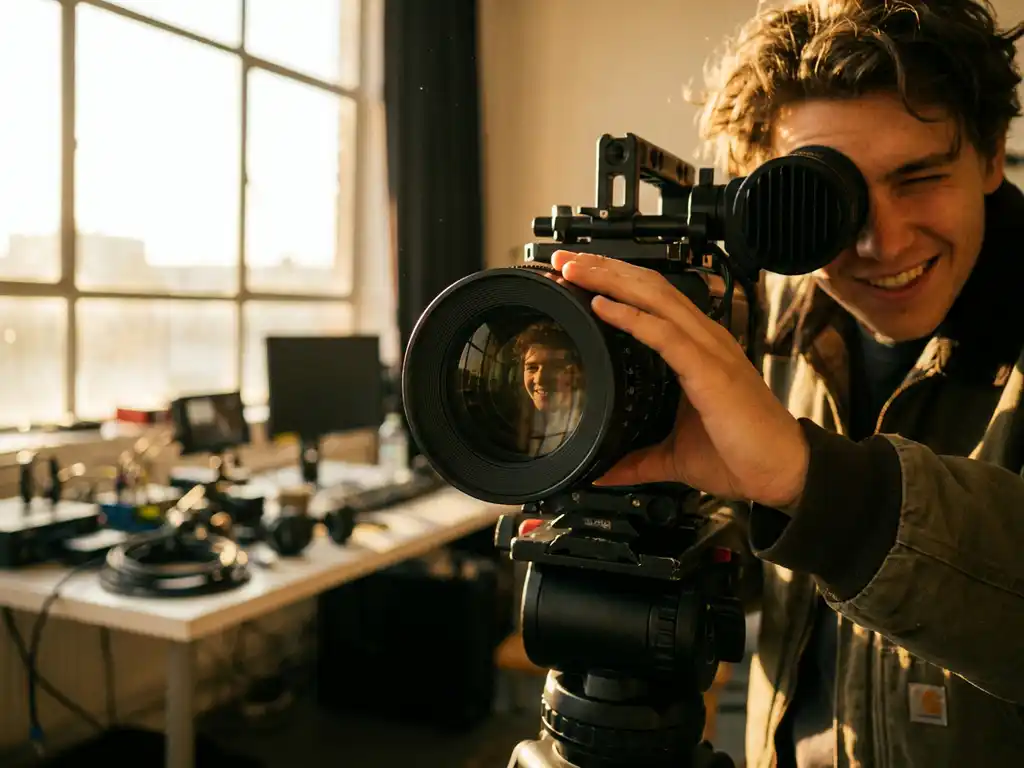 Jonge filmmaker past cameralens aan terwijl hun glimlach weerkaatst in het glas, warm natuurlijk licht in creatieve studio