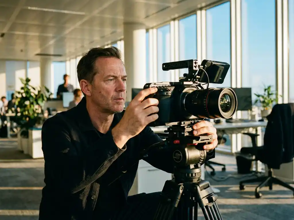 Professionele filmmaker stelt zwarte camera op statief bij in moderne kantoorruimte met natuurlijk licht