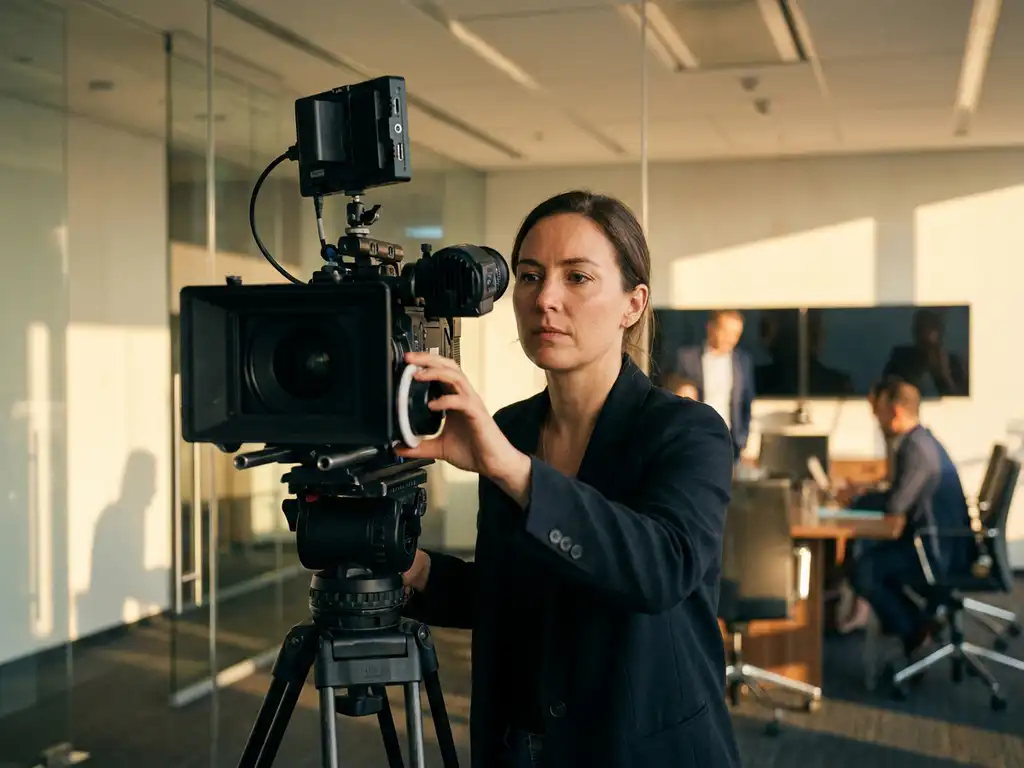Professionele filmmaker stelt zwarte camera op statief af in modern glazen kantoor met gouden uurtlicht