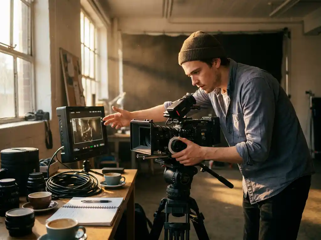 Jonge filmmaker past professionele camera op statief aan terwijl hij beelden bekijkt op monitor, gouden uurtlicht door studiovensters