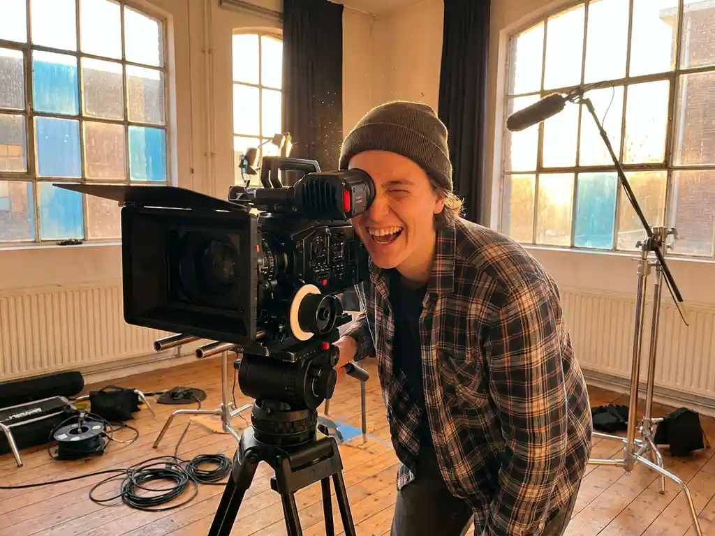 Jonge filmmaker lacht oprecht achter professionele camera in gezellige Utrecht studio met warme houten vloeren en gouden middaglicht