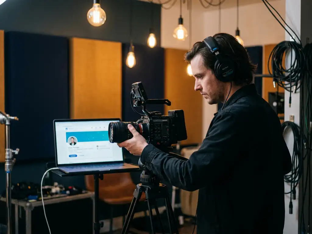 Professionele filmmaker stelt camera in op statief met LinkedIn-profiel op laptop in moderne videoproductiestudio