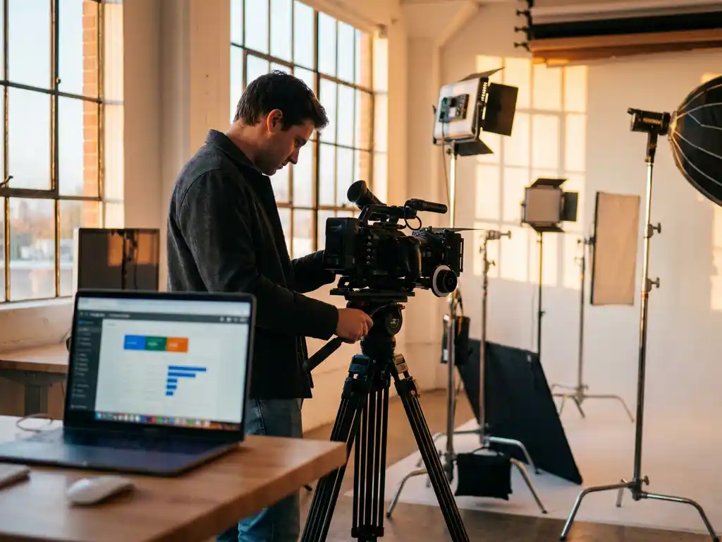 Professionele filmmaker stelt camera in op statief met Google Ads interface op laptop in moderne videostudio
