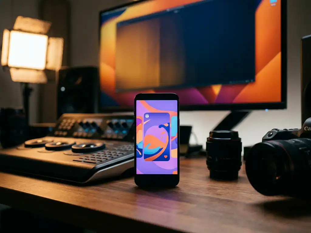 Smartphone toont levendige Instagram promotievideo op professionele videomontagetafel met camera-apparatuur en kleurenmonitor