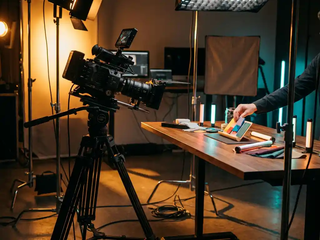 Professionele videocamera op statief filmt productdemonstratie met warme studiobelichting en kleurrijke samples op tafel