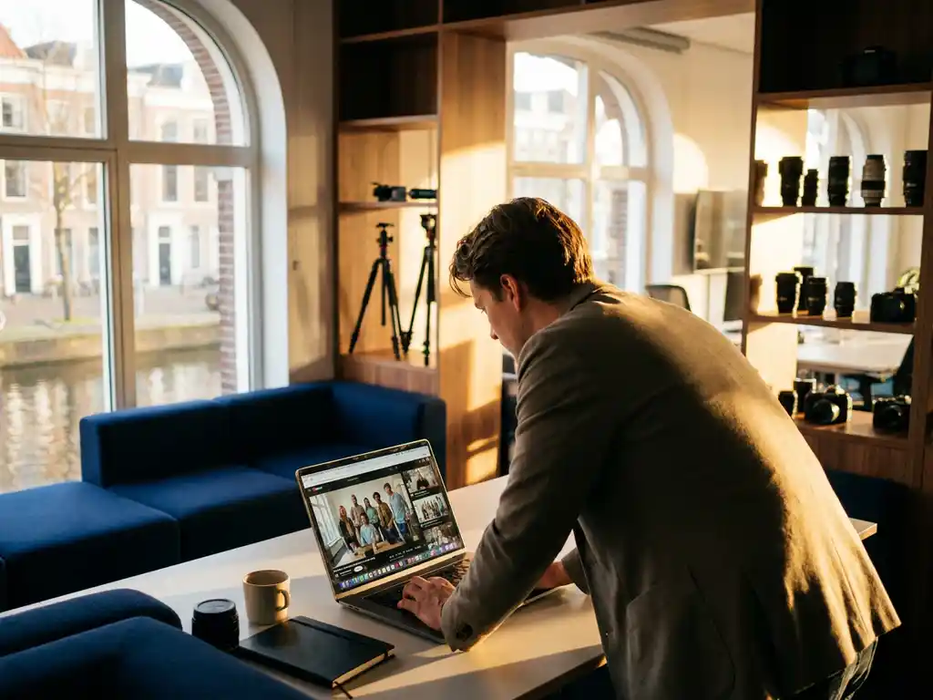 Ondernemer bekijkt wervingsvideo's op laptop in modern Utrecht kantoor met warme middagzon door grote ramen