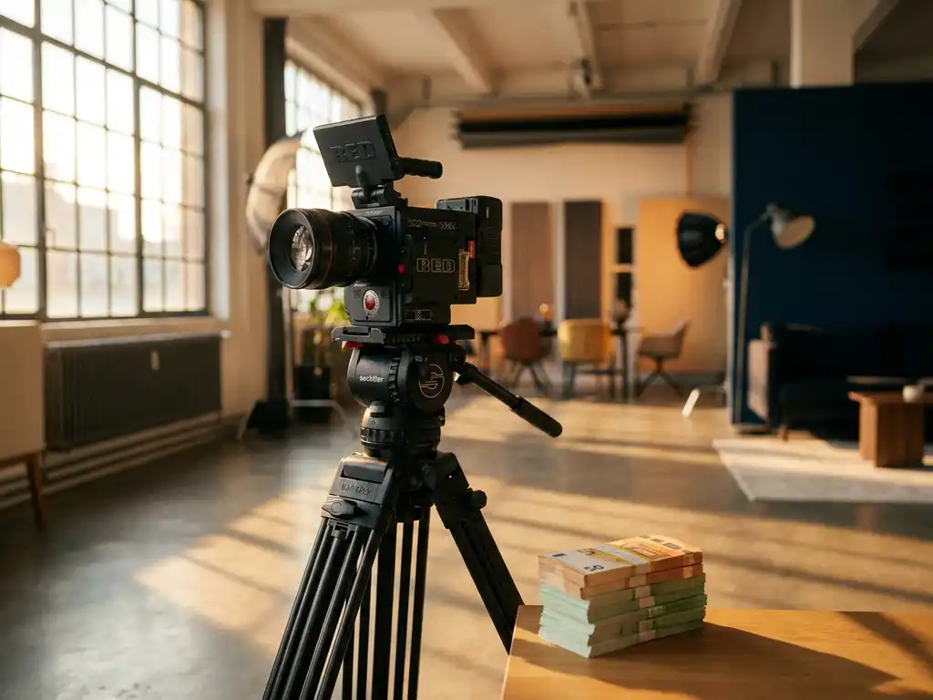 Professionele videocamera op statief naast stapel eurobiljetten in moderne studio met gouden uurtje verlichting