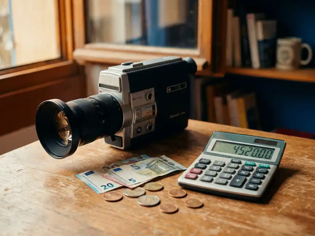 Professionele videocamera met dure lens op houten bureau naast rekenmachine, omringd door eurobiljetten en munten