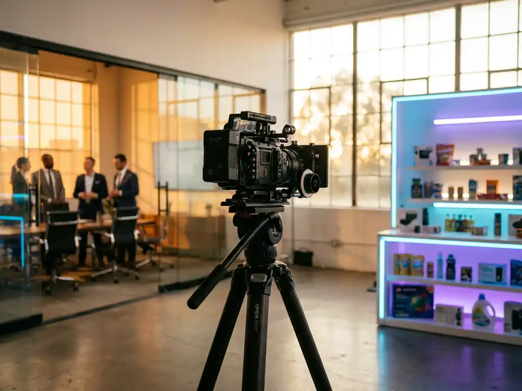 Professionele videocamera op statief tussen zakelijke boardroom en kleurrijke productdisplay met gouden uurtje licht