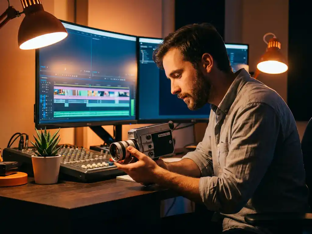 Jonge creatieve professional past vintage filmcamera aan op moderne montagebureau met kleurrijke videotijdlijnen op monitoren