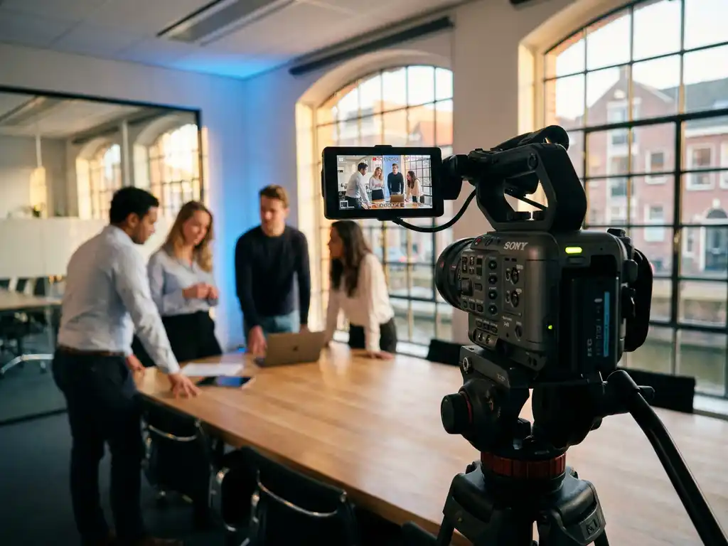 Videocamera op statief filmt diverse professionals die samenwerken aan conferentietafel in helder Utrecht kantoor