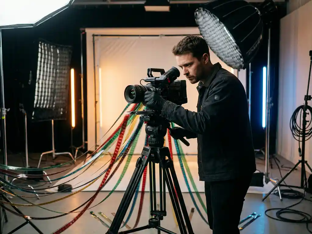 Professionele filmmaker past cameralens aan terwijl kleurrijke filmstroken als linten van de camera vallen in moderne videostudio