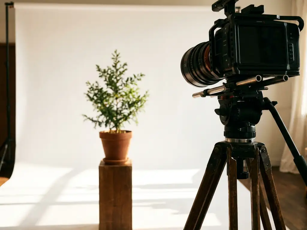 Professionele videocamera op houten statief filmt kleine groenblijvende boom in pot tegen witte studio-achtergrond