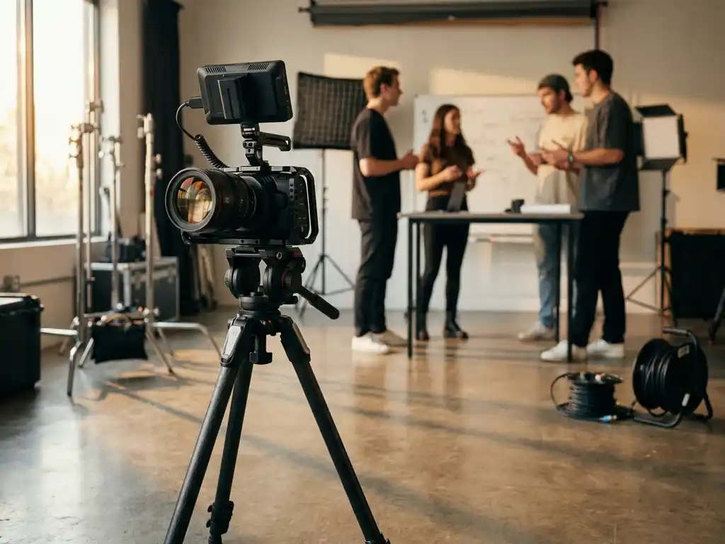 Professionele videocamera op zwart statief in moderne creatieve studio met filmteam op achtergrond in warm natuurlijk licht