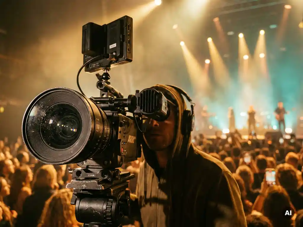 Cameraman filmt liveoptreden met gouden spotlights en sfeervol waas, professionele videocamera scherp op voorgrond, warm amber en teal kleurenpalet.