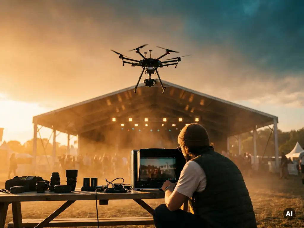Drone boven een buitenevenement bij gouden uur, filmmaker bekijkt festivalbeelden op monitor, warme amberkleurige lucht op de achtergrond.