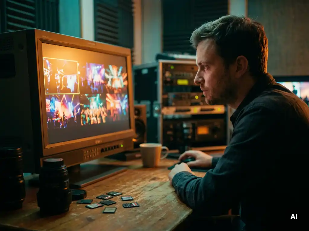 Filmmaker bekijkt evenementbeelden op professionele monitor in donkere bewerkingskamer, omringd door geheugenkaarten en cameralens.