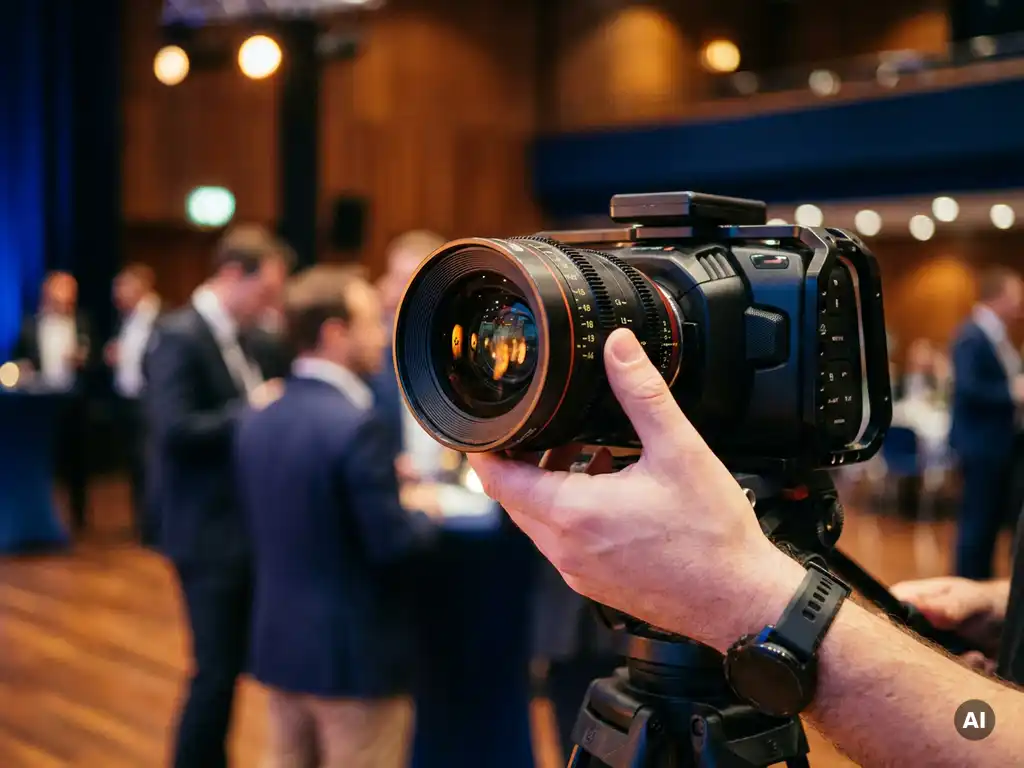 Filmmaker houdt professionele cinema camera op statief bij zakelijk evenement, warme podiumverlichting weerspiegeld op lens.