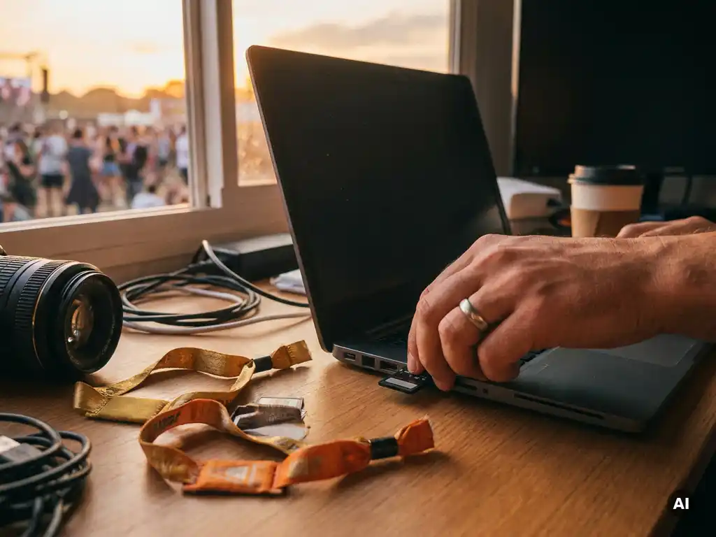Filmmaker steekt geheugenkaart in laptop op bewerkingsbureau, met cameralens en evenementpolsbandjes in warm gouden licht.