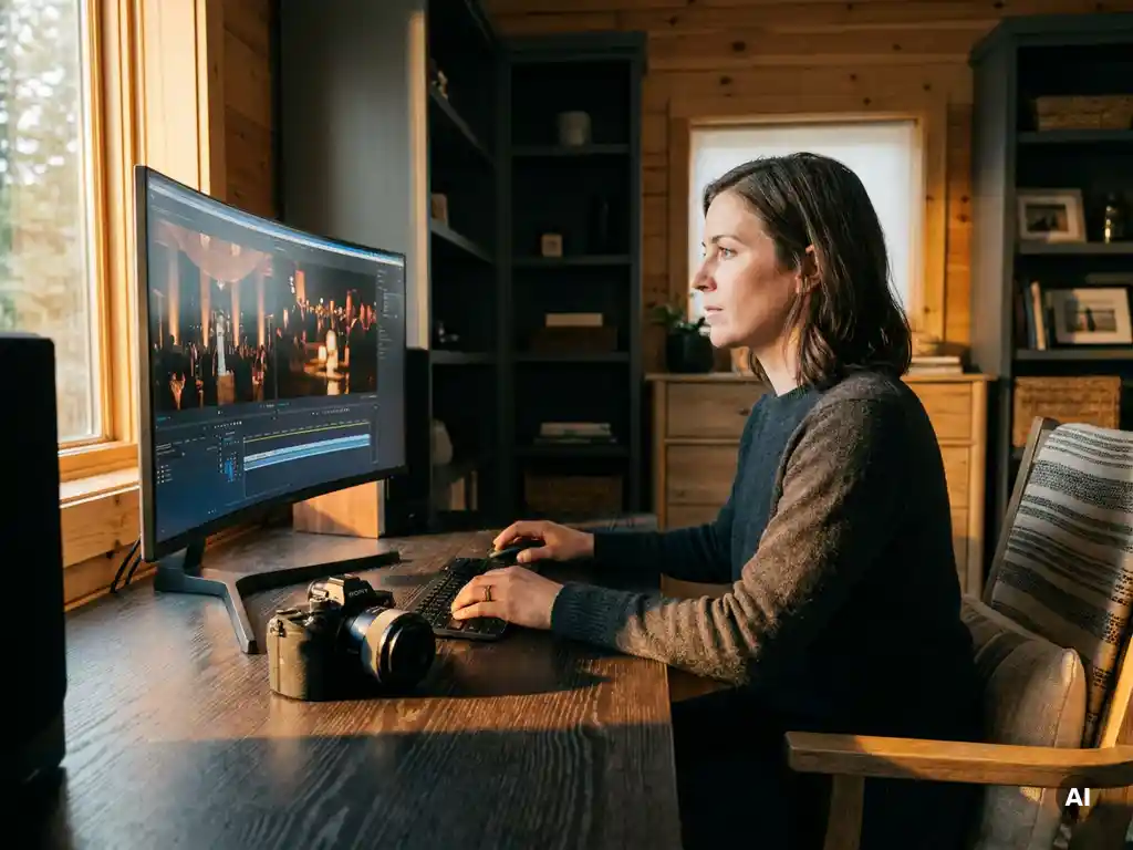 Videomonteur bewerkt evenementbeelden op grote monitor, camera op bureau, warm goudgeel licht en blauw schermgloed in donkere werkruimte.
