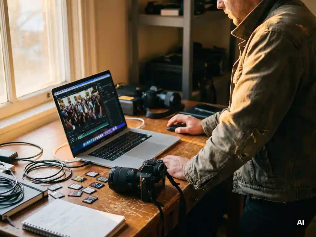 Cameraman bekijkt ruw evenementmateriaal op laptop aan rommelig montageburo, SD-kaarten en camera nabij, goudkleurig avondlicht.
